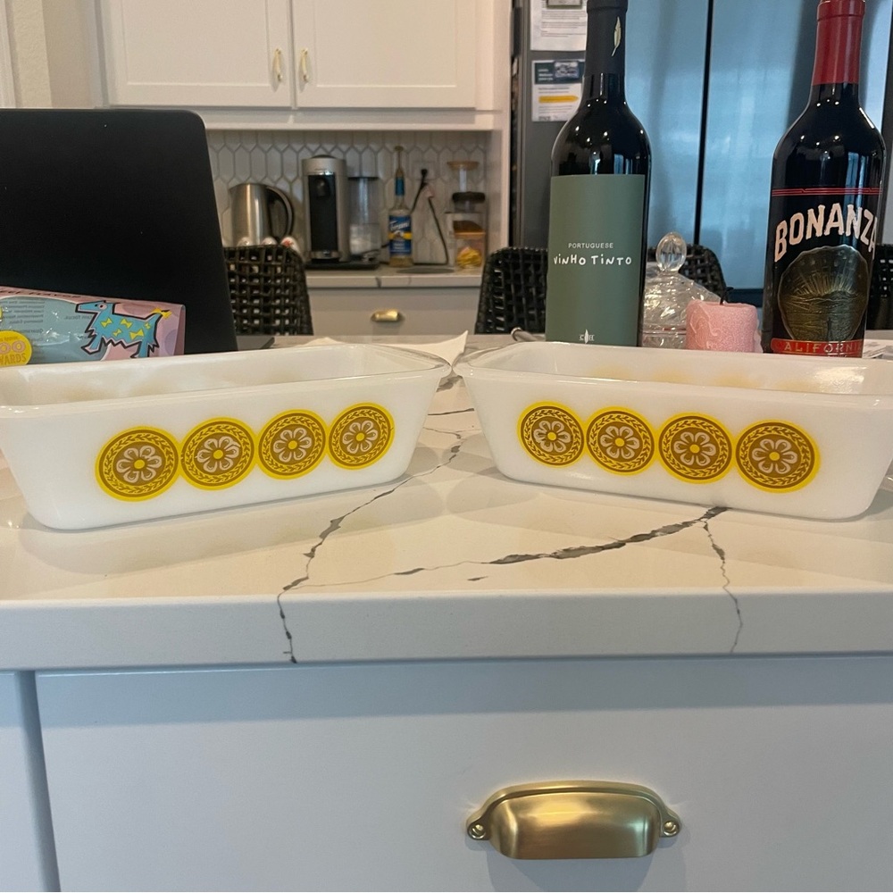 Vintage GLASBAKE Loaf Pan Milk Glass Baking Dish Gold Flower Medallions